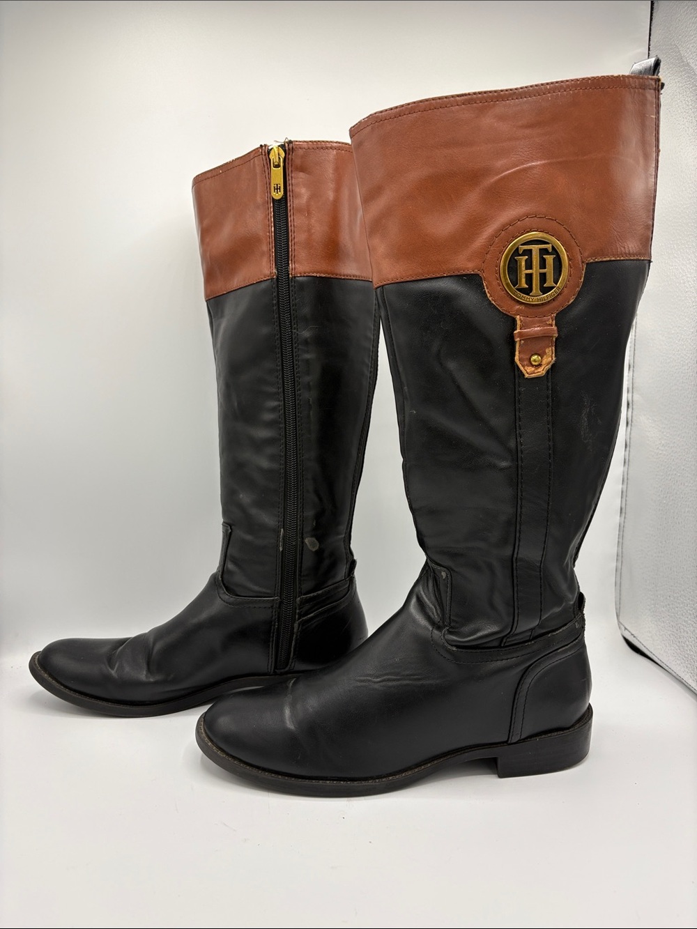 Tommy Hilfiger Black and Brown Leather Over-the-Knee Riding Boots - Size 8